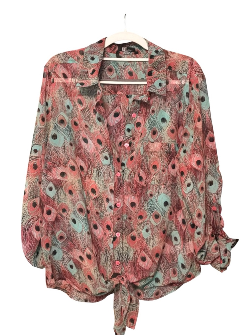 KUT from the Kloth Semi Sheer Peacock-Print Tie-Hem Button Up Shirt